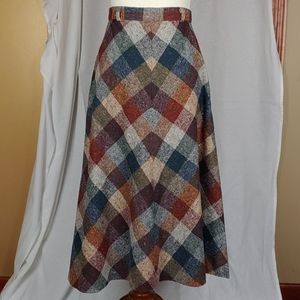Vintage 100% wool plaid nubby tweed A-line skirt